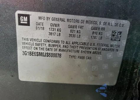 2018 Chevrolet Cruze Lt z USA, uszkodzony, nr VIN 3G1BE6SM0JS600078